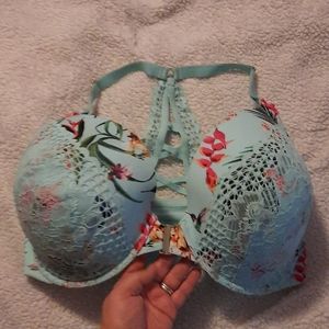 Blue Lace & Tropical Print Front Hook Bra